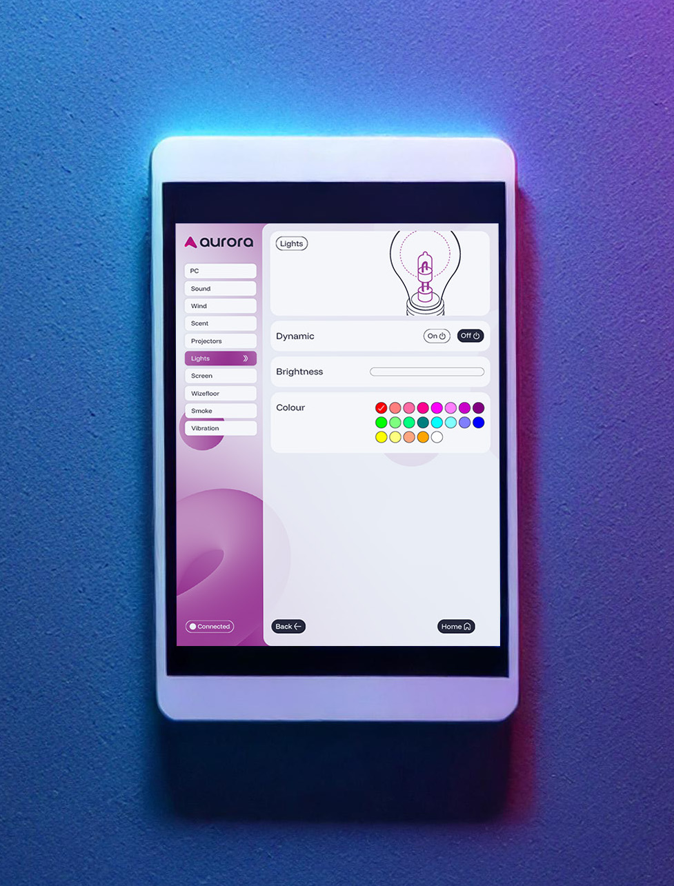 ipad showing the app user interface for the aurora system