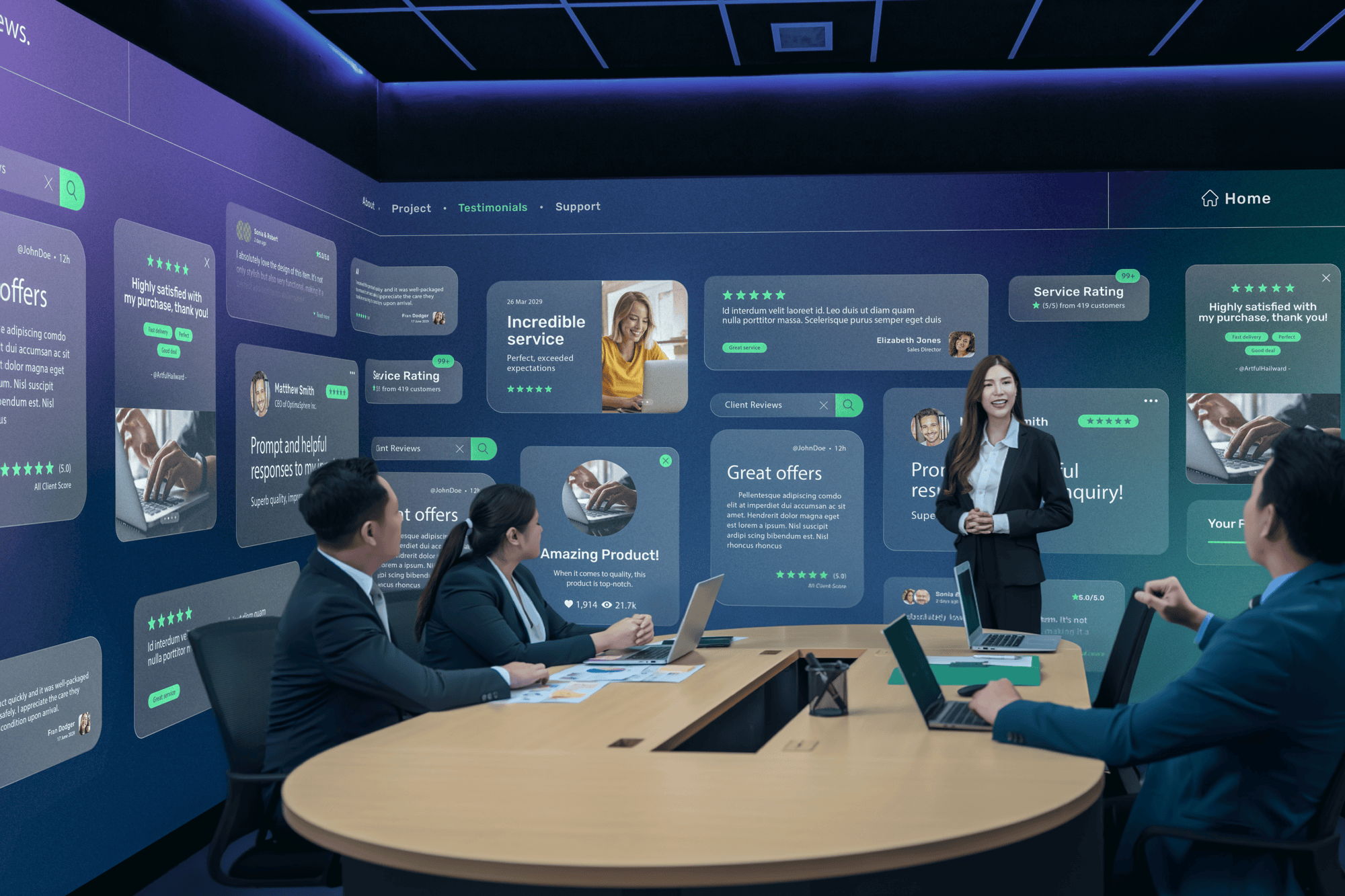 Corporate workplace board room of people sat discussing projects and surrounded by wall projections.