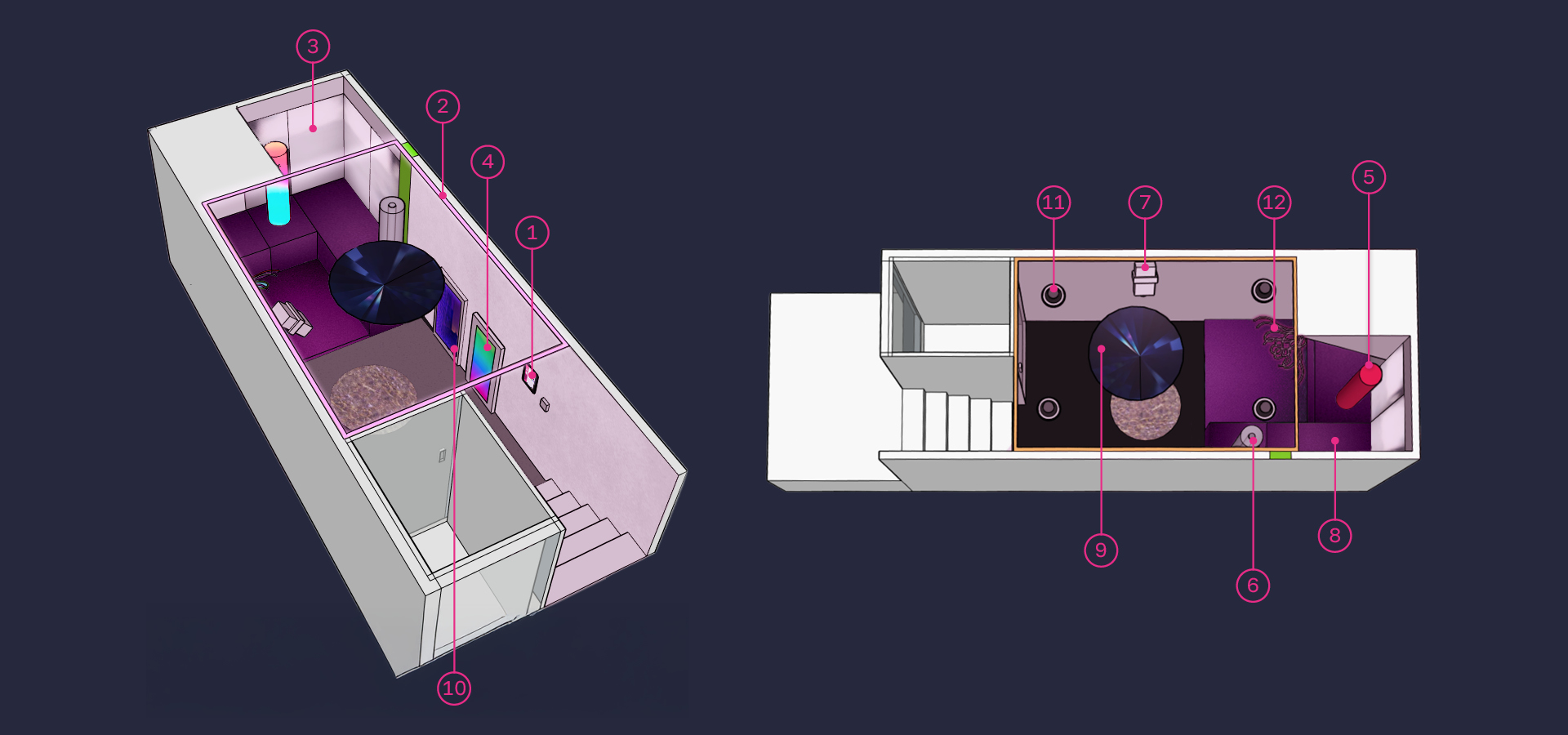 3D model of a colorful, compact sensory space shown from two angles. Features a central dome light, staircase, rugs, and decorative elements in vibrant hues.