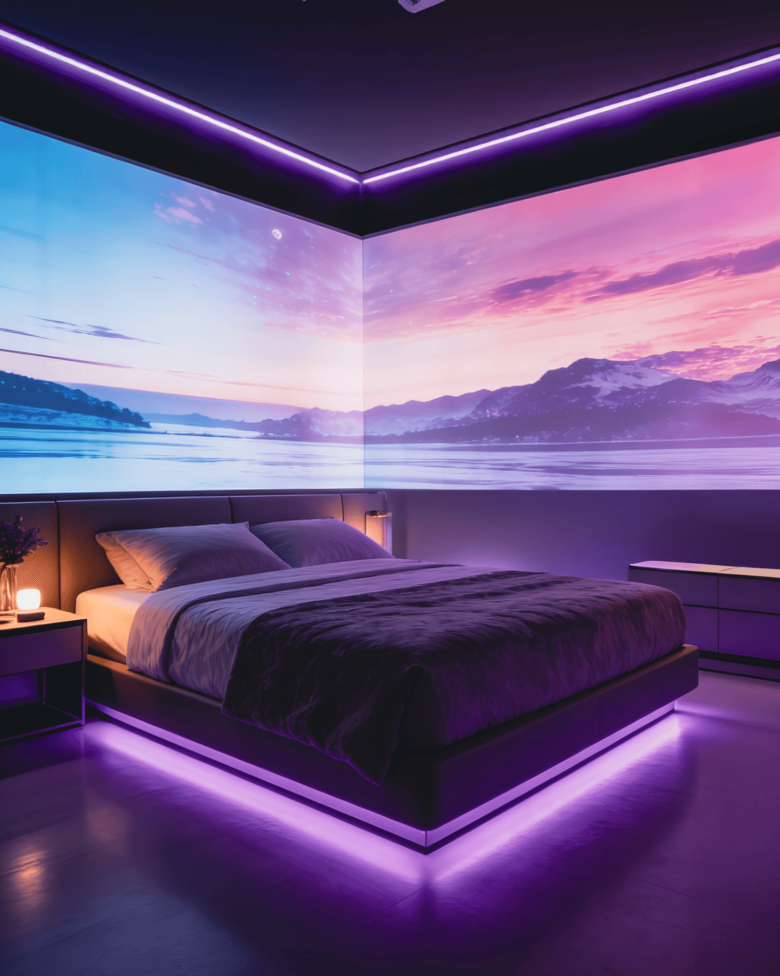Modern bedroom featuring a large bed with purple LED lighting. A serene mountain lake scene is projected on the walls, creating a tranquil atmosphere.