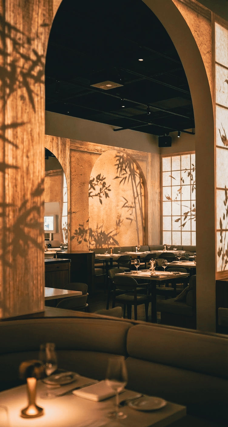 Cozy restaurant with warm lighting and archways, aurora projectors casting soft leaf shadows on walls. Elegant tables set with wine glasses create an inviting atmosphere.
