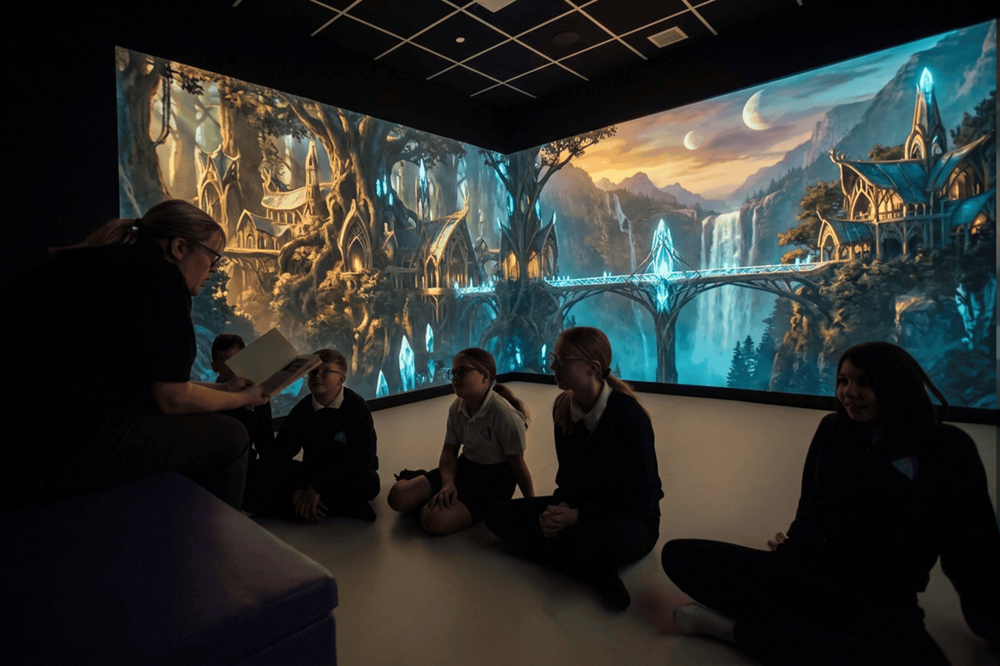 A teacher reads a book to a group of students sitting on the floor in a dark room with large, immersive fantasy landscape projections on the walls.