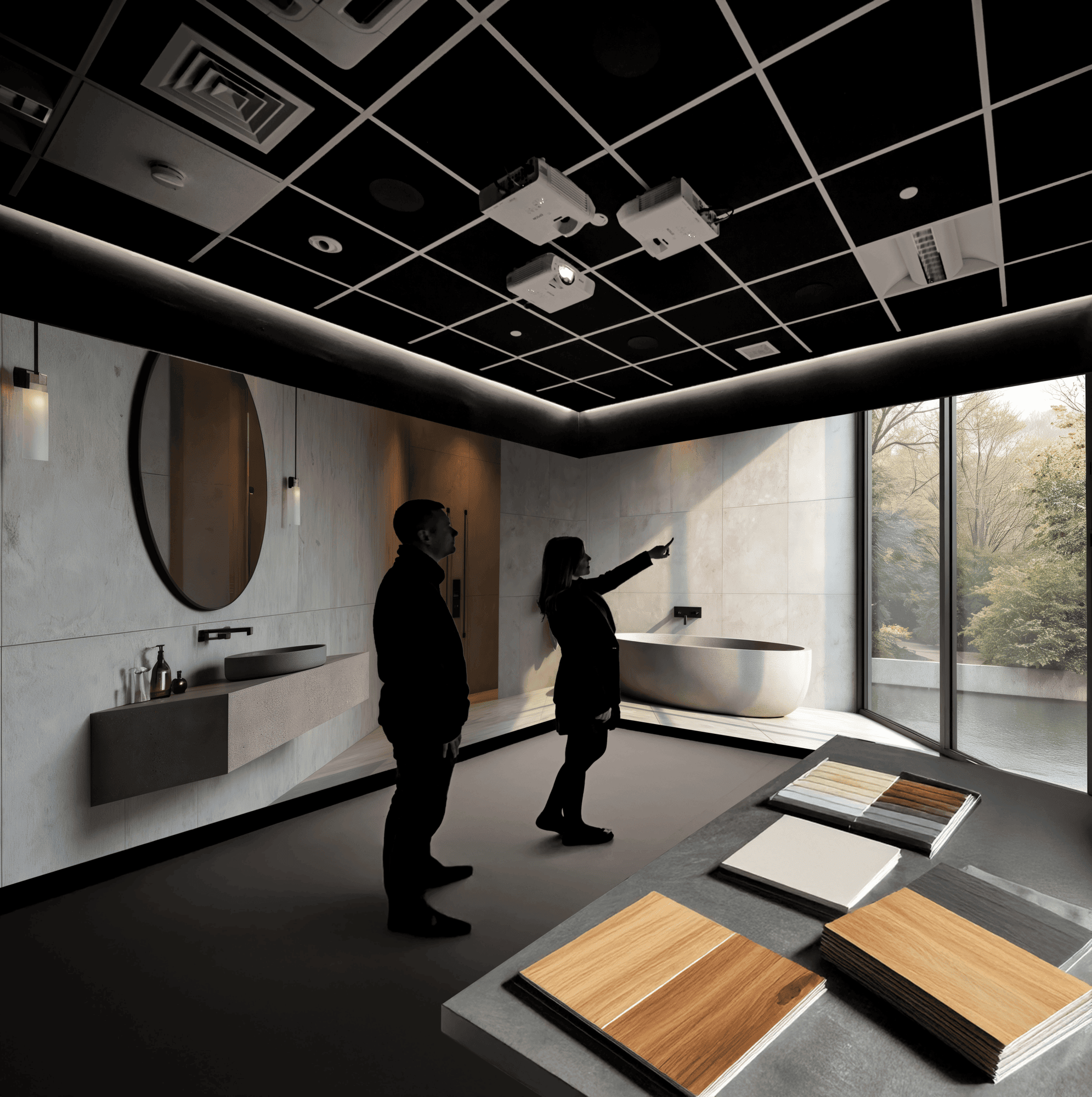 Man and woman stood in a showroom looking at bathroom options.