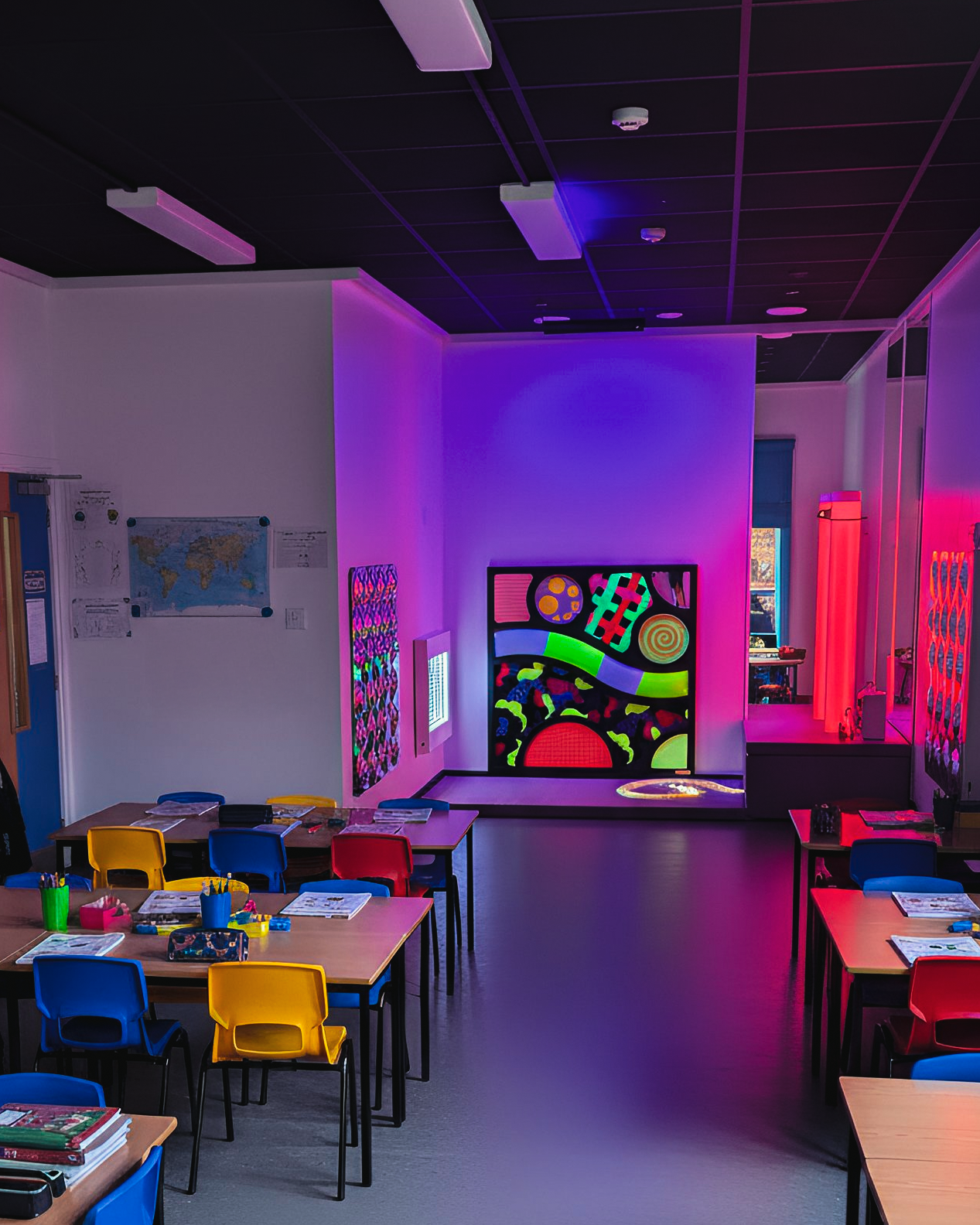 A classroom featuring a corner with led lighting, vivid sensory backlit image and bubble mirror panels. Along with rows of tables and chairs arranged for student seating and learning activities.