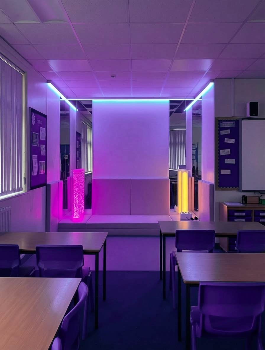 A classroom featuring purple lighting and purple chairs, creating a vibrant and modern learning environment.