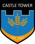 Castle Tower shield logo. Blue with orange motif.