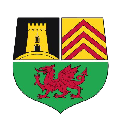 hereldic shield logo showing yellow castle motif top left on black field, red triple chevron motif on yellow field top right and a red dragon motif on green field bottom