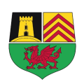 hereldic shield logo showing yellow castle motif top left on black field, red triple chevron motif on yellow field top right and a red dragon motif on green field bottom